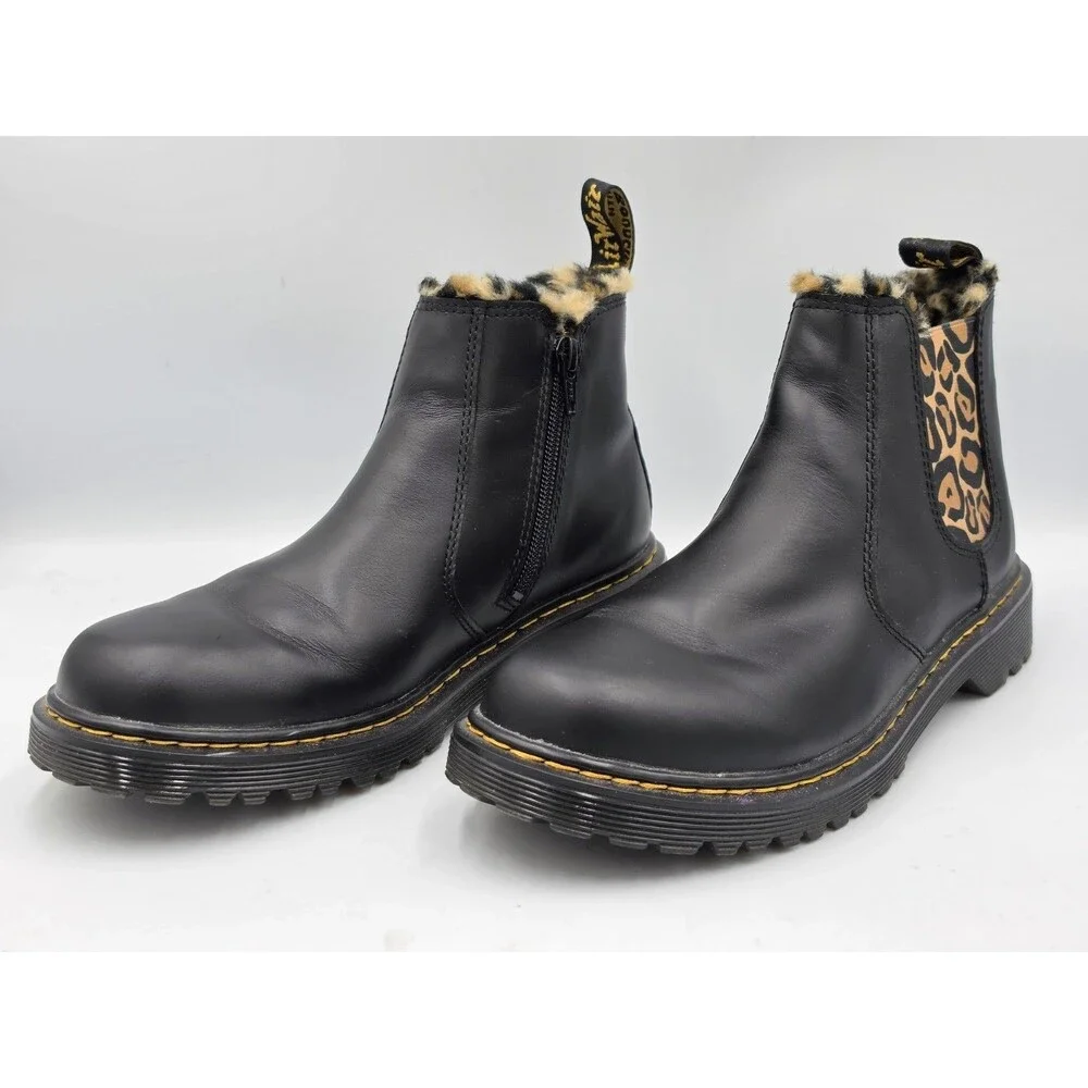 Dr Martens Kids Leonore Y Boots 2976 Black Romario Smoother Finish Leopard Sz 7